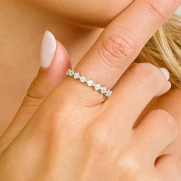 Sterling Rhodium 925 Rhodium Plated Diamond Shaped CZ Eternity Ring